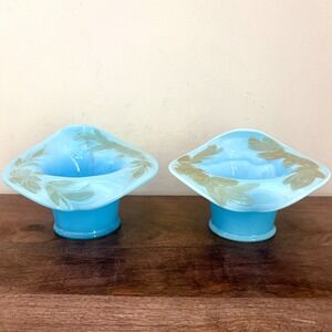 Vintage Blue Opaline Glass Compote Bowls Set 2 Matching Hand Painted Floral